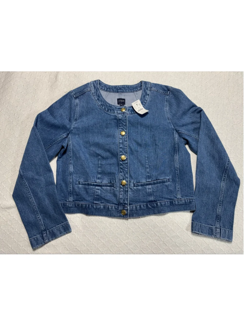 NWT J Crew Factory Denim Lady Jacket Blue Jean Gold Button Collarless Coat Sz 8